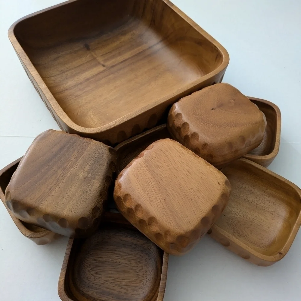 Vintage 9 piece Monkey Pod Wooden Salad Bowls Serving Bowls Dishes
